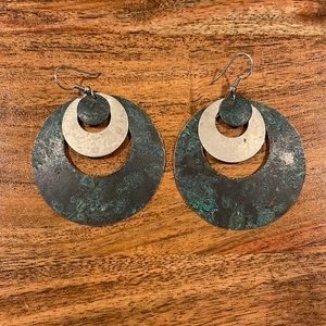 Metal oxidized turquoise layered circles dangle pierced earrings